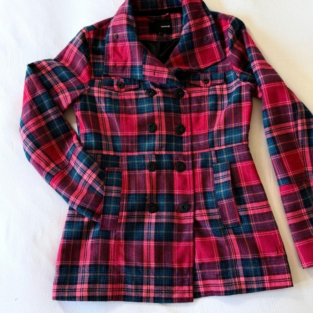 Hurley Women Red Plaid Double Breasted Y2K Tartan Jacket Small